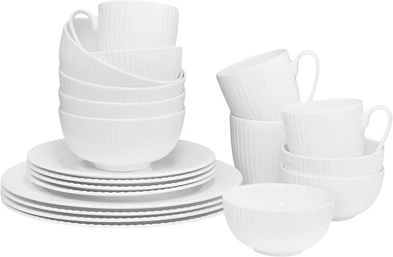 Marke: QOUTIQUE Geschirr-Set aus Knochenporzellan, 20-teilig, weiß geprägt, gestreift, mikrowellengeeignet, durchscheinend, elegantes Geschenkgeschirr, Geschirr-Set, Essentielles Zuhause, Küchengeschirr — Advent und Tisch