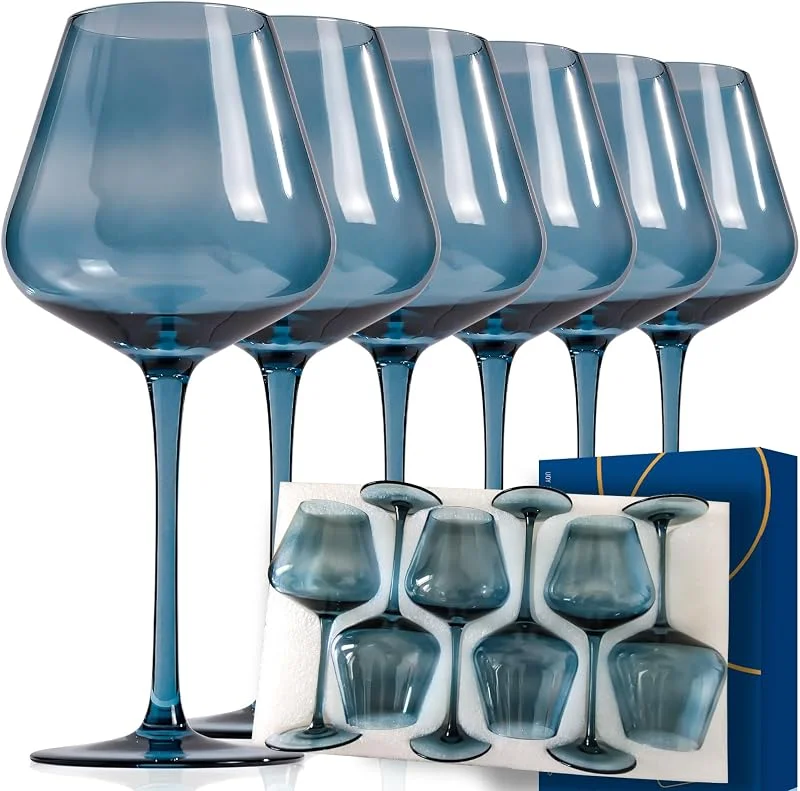 Marke: CLUSIVC Blauweingläser, 6er-Set, mundgeblasene Weingläser, Burgunderrot, 530 ml, bleifrei, perfektes Geschenk für Weinliebhaber, Bargläser-Sets für Zuhause, Hochzeit, Party — Wein und Festtafel