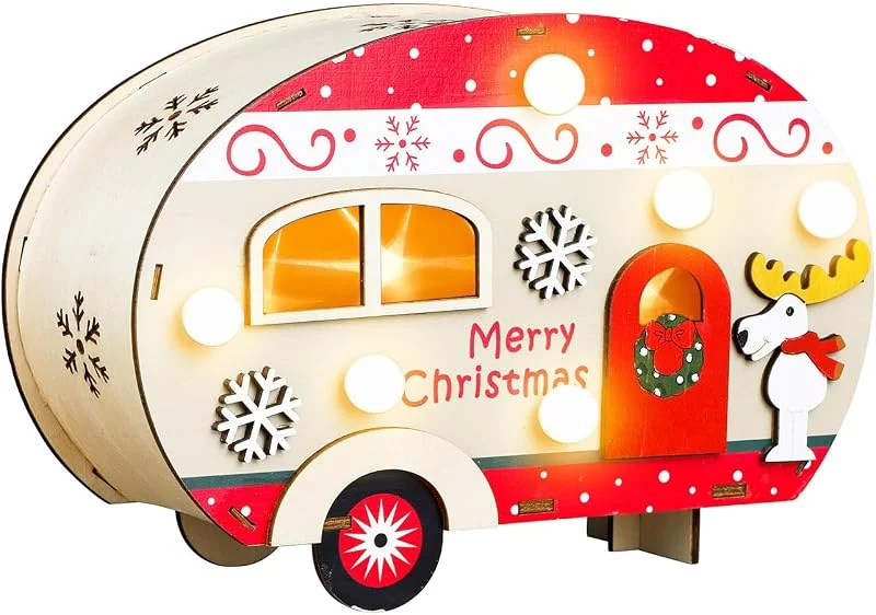 Besuche den Spetebo-Store Spetebo LED Deko Holz Wohnwagen mit Beleuchtung, 21 x 14 cm — Weihnachtsdeko