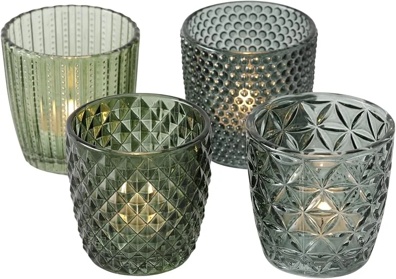Besuche den Seaside No.64-Store 4er-Set Windlichter aus Glas 7, 5 x 7, 5 cm – versch. Designs – grün-grau Mix — Kerzenlicht Abendessen
