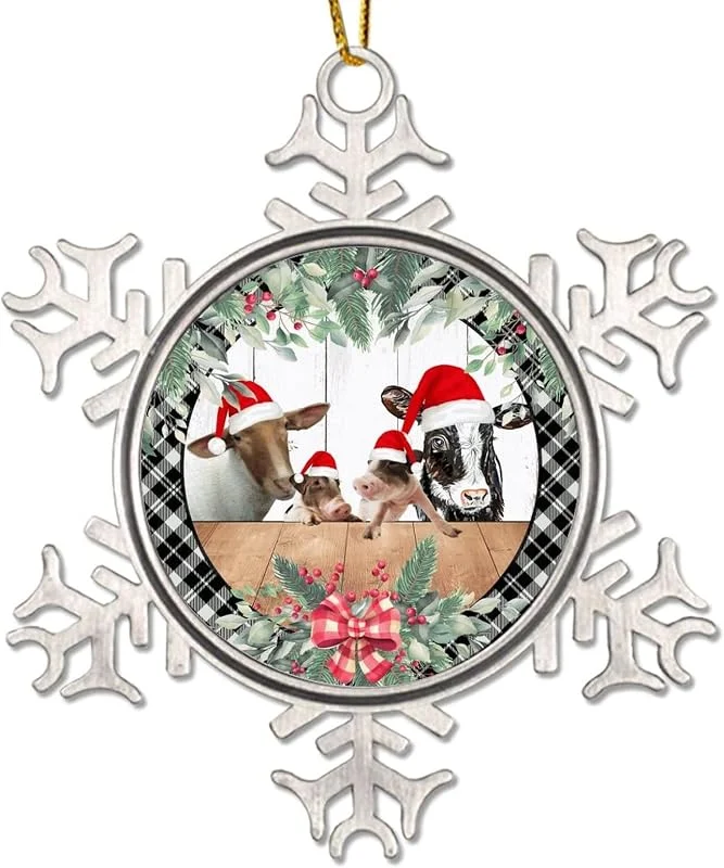 Marke: CowkissSign Weihnachtsbaumschmuck, Weihnachtsbaum, Bauernhof, Tier, Kuh, Schwein, Weihnachten, Partyzubehör, Grau, Schwarz, kariert, Weihnachtskranz, Weihnachtsstrumpffüllung, Metall, Schneeflocken-Ornament — Weihnachtsdeko