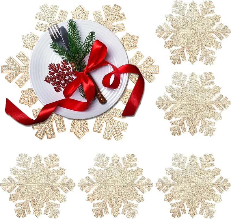 Marke: Rouhuhura Schneeflocken-Tischsets, 6 Stück, 38.1 cm, Weihnachts-Tischsets, Dekorationen, Schneeflocken-Tischsets, ausgehöhltes Design, Esstischdekoration, Küchentischsets für Weihnachten (Gold) — Advent und Tisch