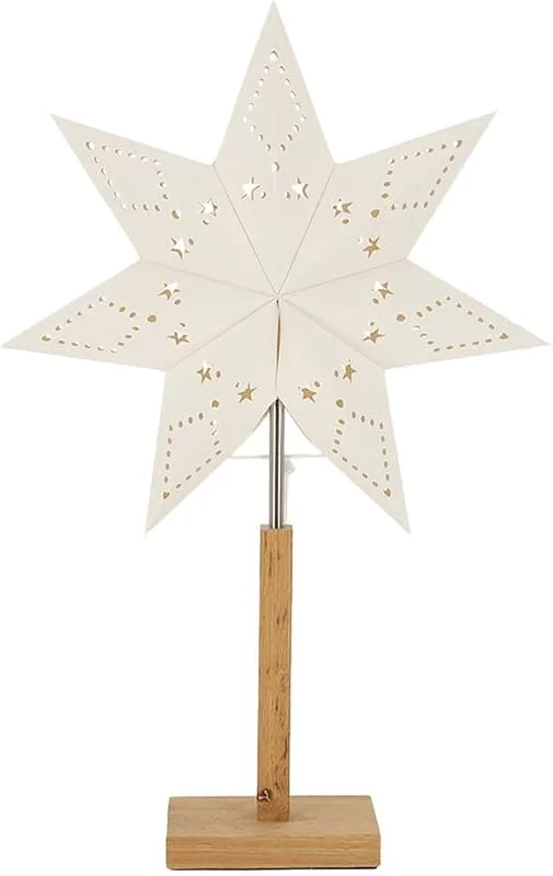 Besuche den LED Universum-Store LED Universum - Papier Weihnachtsstern Tischleuchte Standstern weiß Holzfuß Dekostern mit Kabelschalter, E14 Fassung max 25W (ohne Leuchtmittel) 55cm Höhe (weiß, holz - eckiger Fuß, 1 Stück) — Weihnachtsdeko