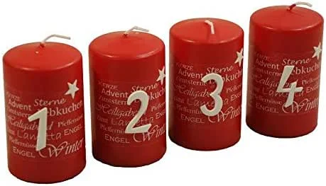 Besuche den Klocke Kerzen-Store Tolle Adventskerzen mit Zahlen & Motiven - Höhe 10cm, Ø 6cm - Weihnachtliche Kranzkerzen, Stumpenkerzen - Adventskranz, Weihnachtskranz, Weihnachtskerzen, Kerzen Weihnachten (Rot) Unparfümiert — Weihnachtsdeko